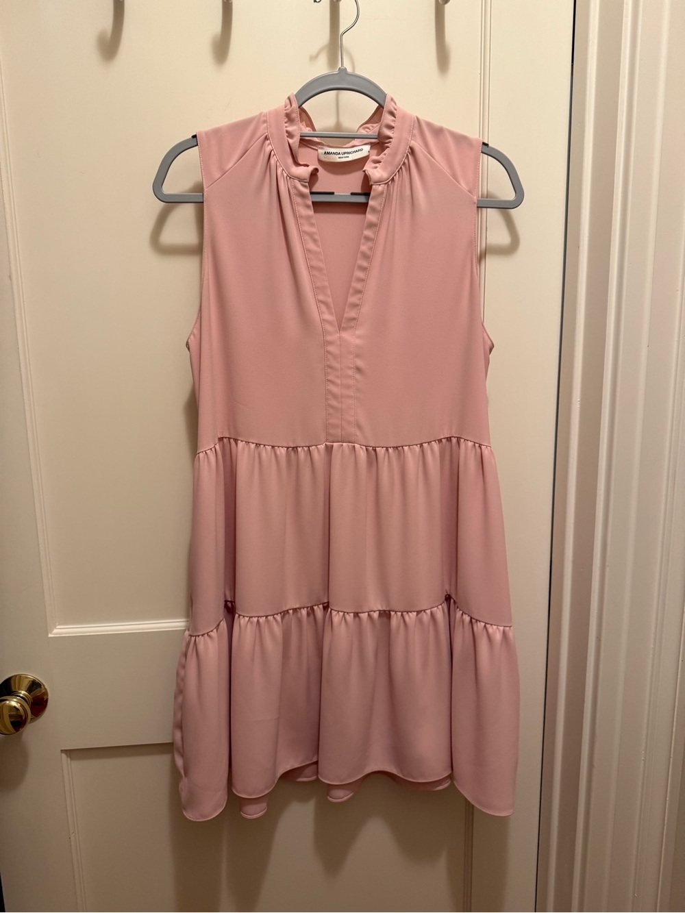 Amanda Uprichard Sleeveless Tiered Pink Ruffle-Neck Mini Dress